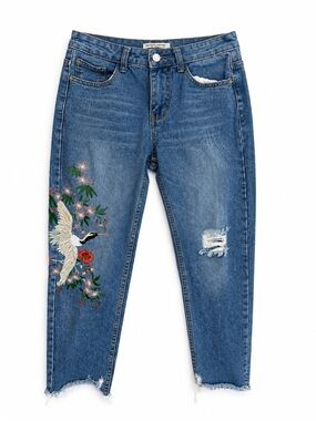 Free People Blue Embroidered Crane & Floral Cropped Jeans